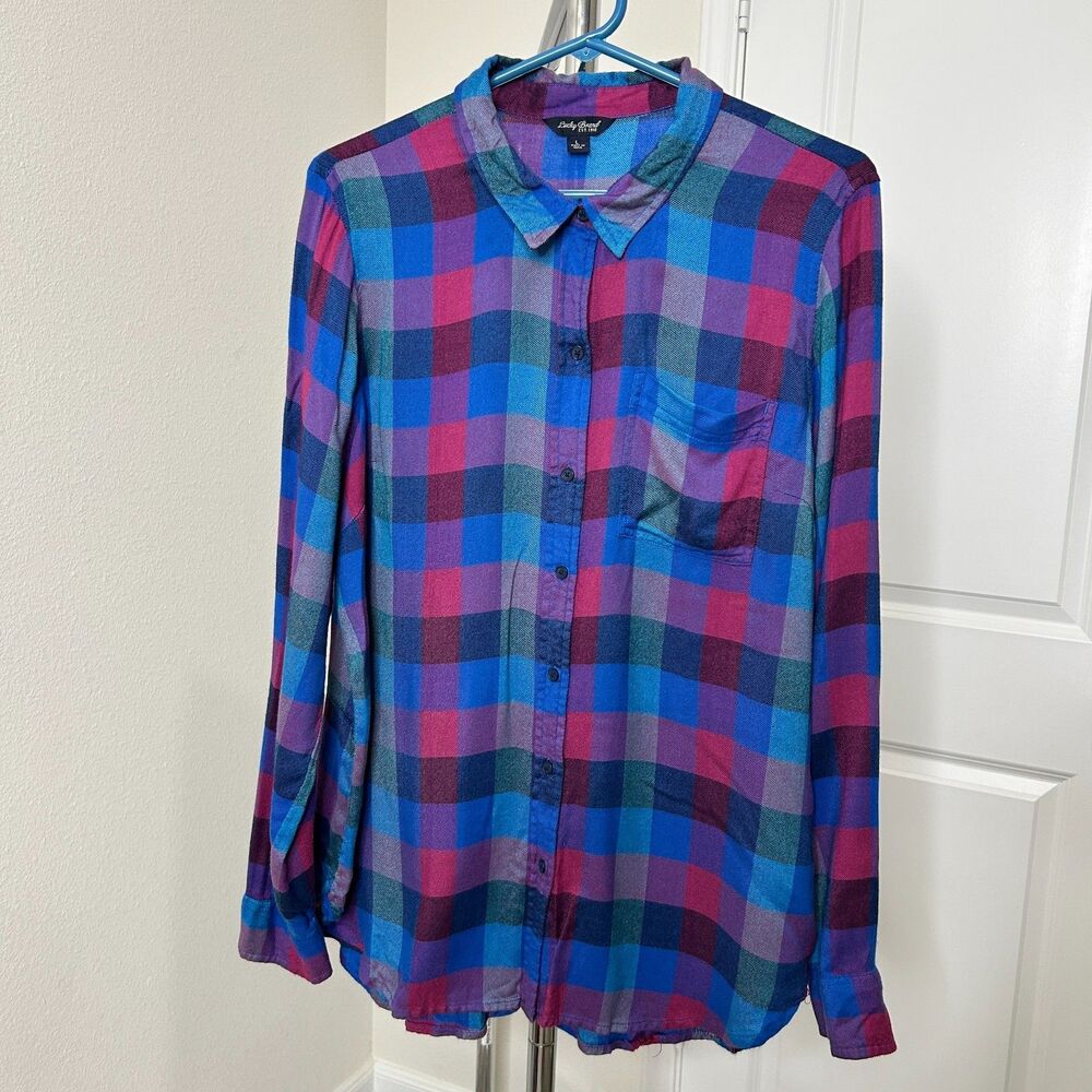 Lucky Brand Womens Plaid Shirt Large Blue Rayon Button Up Split Back Tunic